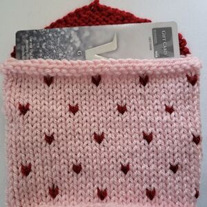 Hand Crafted knit envelope giftcard holder pink and red with hearts